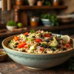 A close-up shot of a hominy salad in a wide ceramic bowl, featuring black beans, tomatoes, cucumbers, and onions. The kitchen background and warm lighting emphasize a comforting, homemade meal filled with bright, nourishing vegetables.
