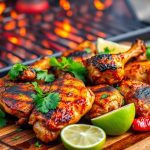 Grilled Pollo Asado with a golden, charred crust, garnished with fresh cilantro and lime wedges, sizzling on a wooden board near an open grill.