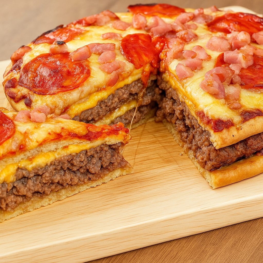 Make the Ultimate Pizza Burger Pie: A Huge Hit for Every Occasion! 11 Homemade pizza burger pie with a crispy golden crust, gooey melted cheese, seasoned ground beef, and colorful pizza toppings, perfect for a hearty and flavorful meal