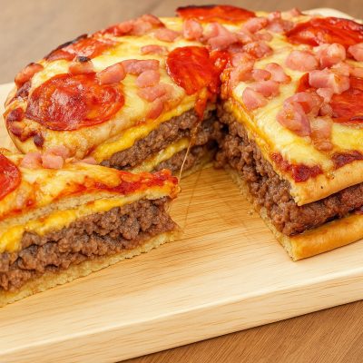 Homemade pizza burger pie with a crispy golden crust, gooey melted cheese, seasoned ground beef, and colorful pizza toppings, perfect for a hearty and flavorful meal