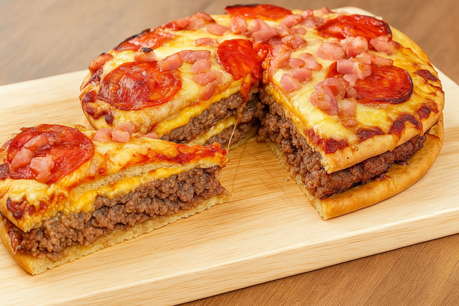 Make the Ultimate Pizza Burger Pie: A Huge Hit for Every Occasion! 18 Homemade pizza burger pie with a crispy golden crust, gooey melted cheese, seasoned ground beef, and colorful pizza toppings, perfect for a hearty and flavorful meal